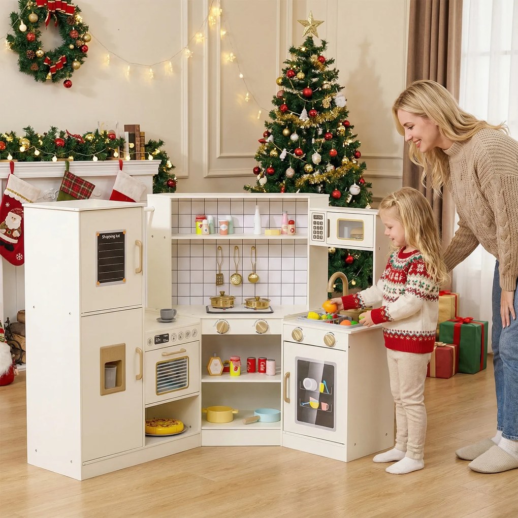 Costway Cucina gioco bambini angolare distributore ghiaccio fornelli forno microonde, Cucina lavastoviglie rubinetto accessori ricchi legno 3+ anni