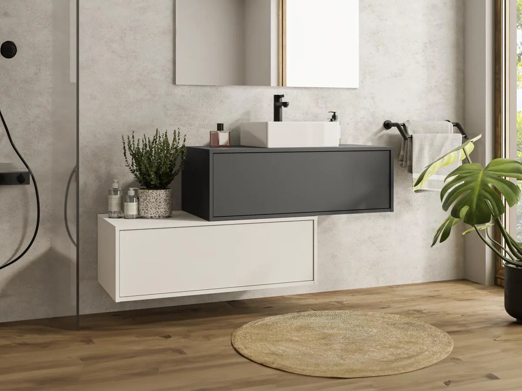 Mobile per bagno sospeso con lavabo singolo e due cassetti 94 cm Antracite e Bianco - TEANA II