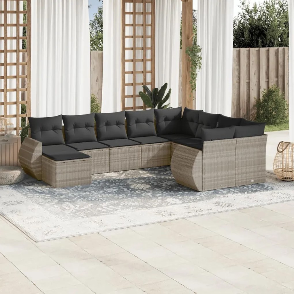 Set divano giardino 10 pz con cuscini grigio chiaro polyrattan