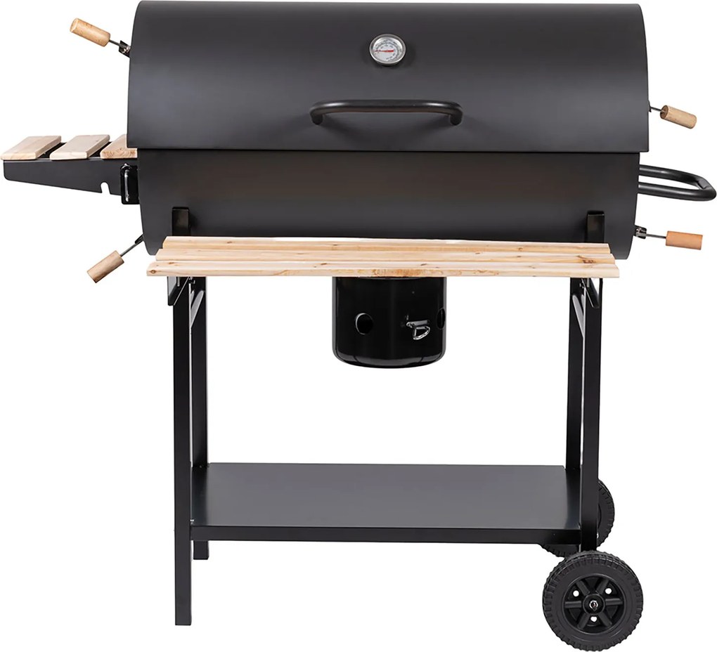 Barbecue a Carbone Carbonella 108x70x100 cm con Coperchio Ruote e Ripiani in Legno Nero...