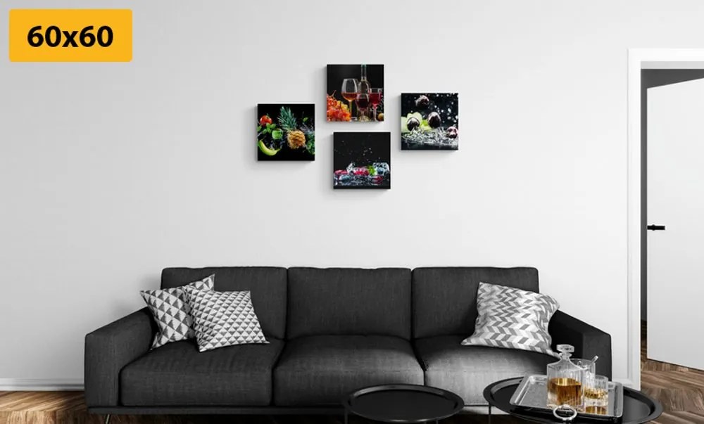 Set di quadri – Vino e pezzi di frutta su sfondo nero