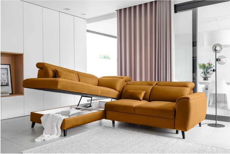 Divano angolare giallo allungabile/con contenitore (con penisola a sinistra/a L) e rivestimento in velluto Noble – ELTAP