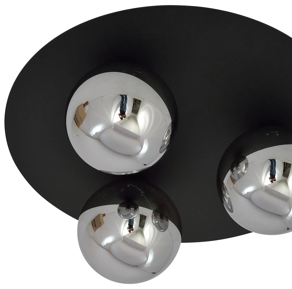 Plafoniera Minimal 3 Luci Mnemosine In Acciaio Nero E Sfere Di Vetro Fumè