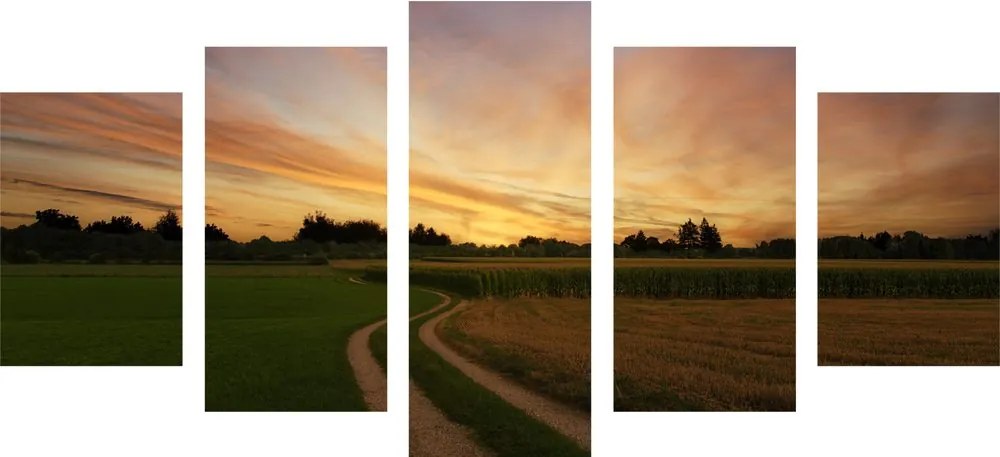 Quadri 5 pezzi – Sole che tramonta sul paesaggio