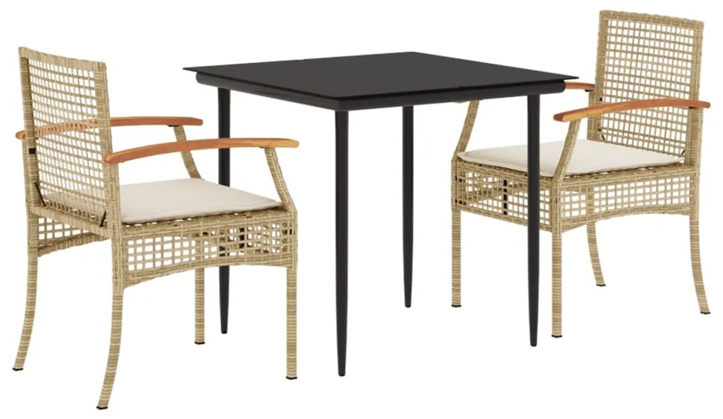 Set da pranzo da giardino 3 pz con cuscini beige in polyrattan
