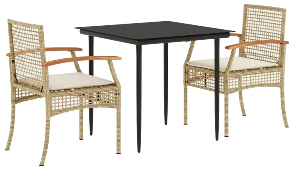 Set da pranzo da giardino 3 pz con cuscini beige in polyrattan