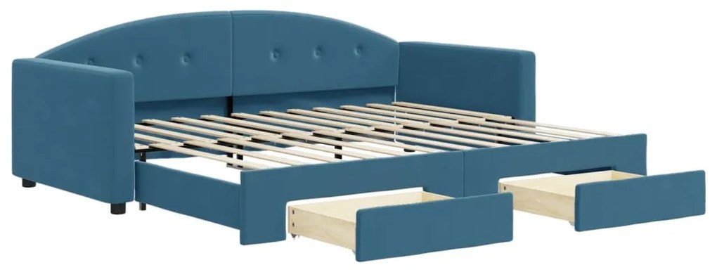 Divano letto estraibile con cassetti blu 90x200 cm in velluto