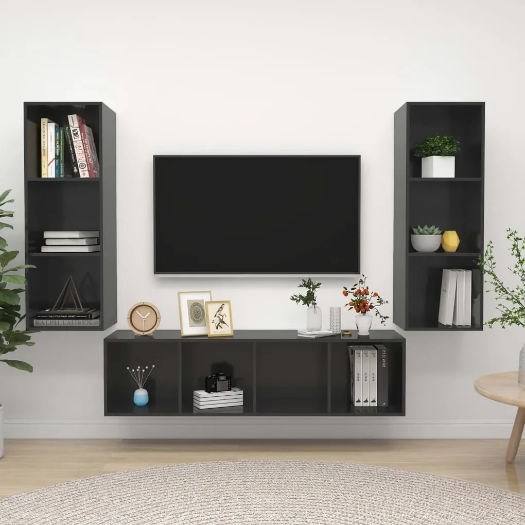 Set mobile tv 3 pz grigio lucido in truciolato