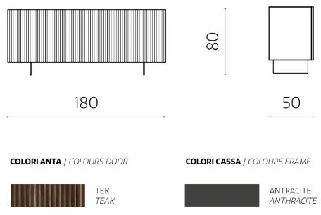 Madia a 3 ante in Teak 180 cm con scocca Antracite RONDA e 2 piedini