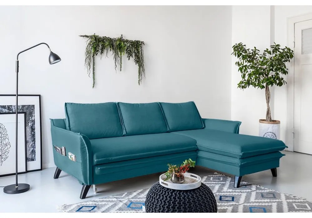 Divano letto angolare turchese, angolo destro Charming Charlie - Miuform