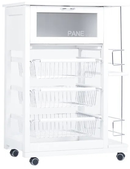 Carrello portapane con portabottiglie e cesti portafrutta Bianco