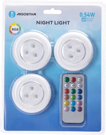 Aigostar - Set di 3 lampade da notte portatili LED RGB LED/3xAAA + telecomando