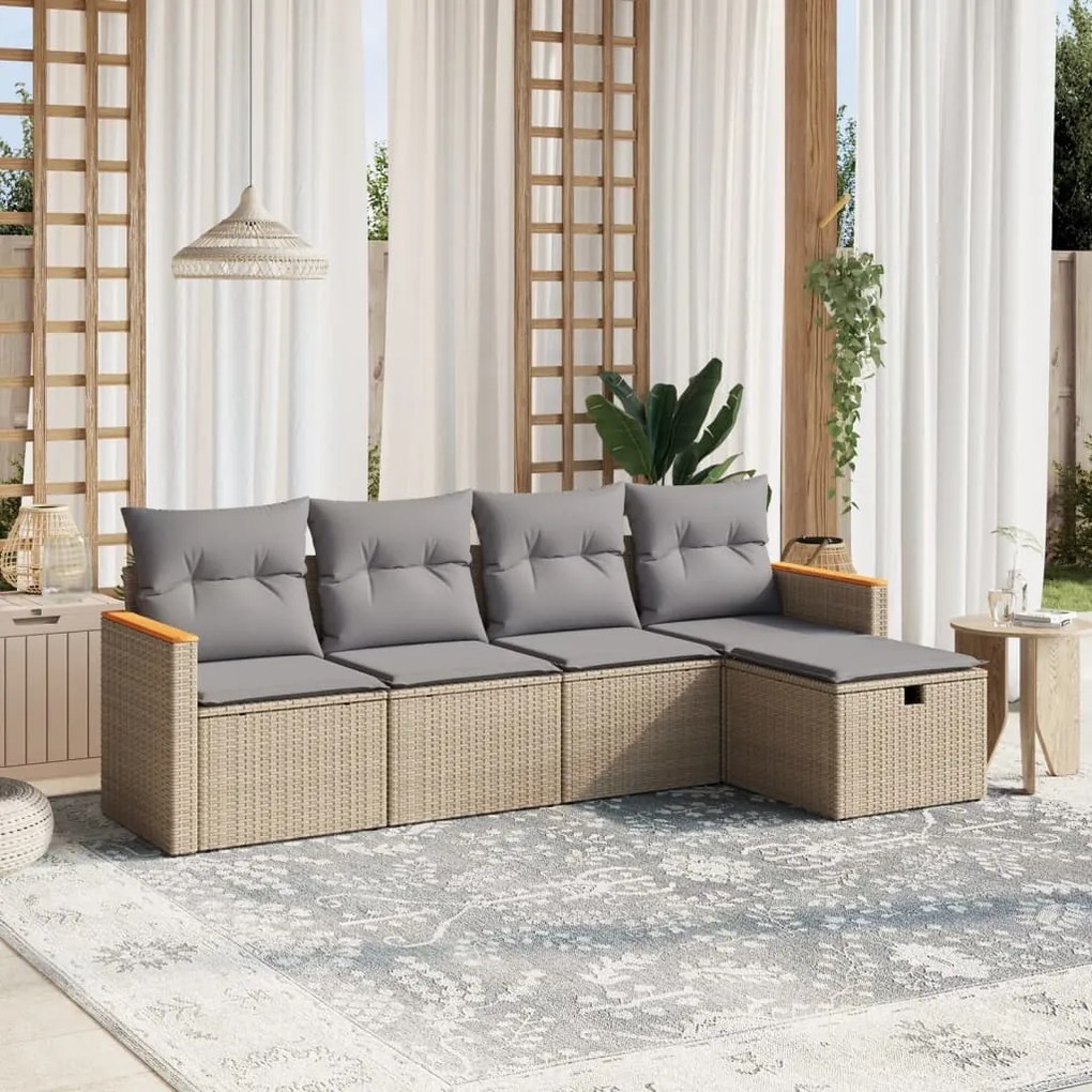 Set Divano da Giardino 5 pz con Cuscini Beige Misto Polyrattan