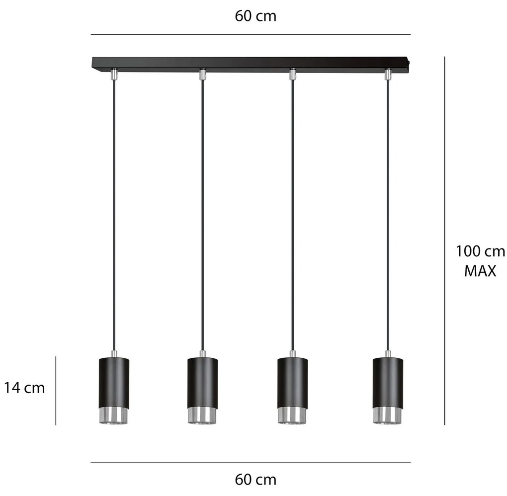 Lampadario 4 Luci Ivar Con Cilindri In Acciaio Nero E Cromo