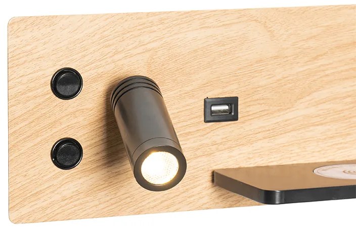 Set di 2 applique nere con legno incl. LED con USB e caricatore a induzione - Riza