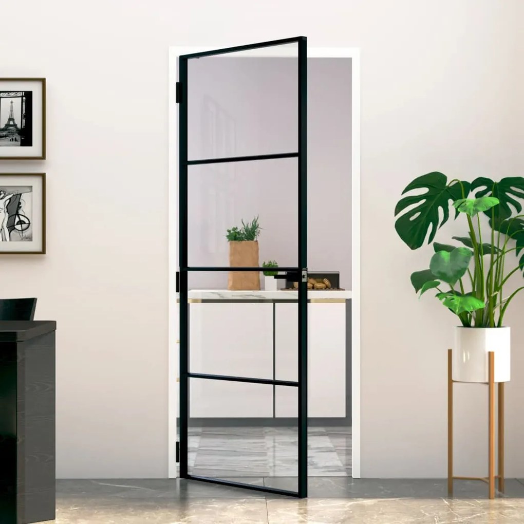 Porta Interna Nera 83x201,5cm Vetro Temperato Alluminio Sottile /