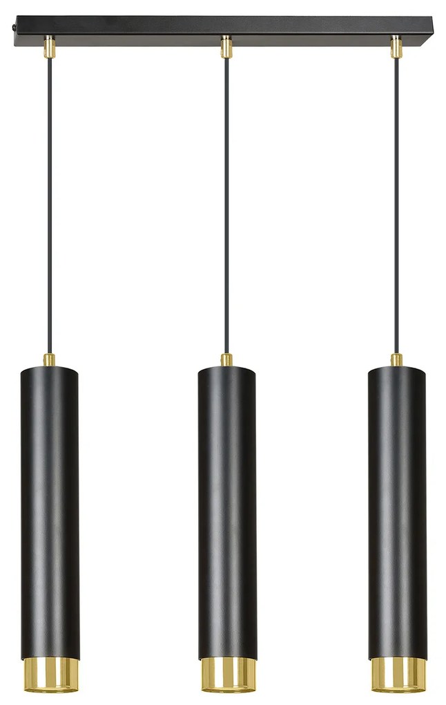 Lampadario 3 Luci Brunilde In Acciaio Nero E Tubolari In Nero E Oro