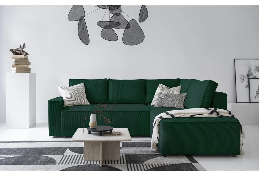 Divano letto angolare in velluto a coste verde scuro Brave Dave - Miuform