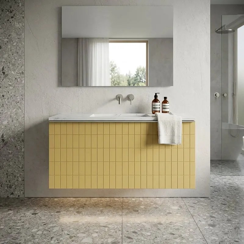 Mobile da bagno sospeso sotto lavabo Pixel grid 1 cassetto L 80 x H 40 x P 45.5 cm giallo laccato opaco, con maniglia alluminio brillante