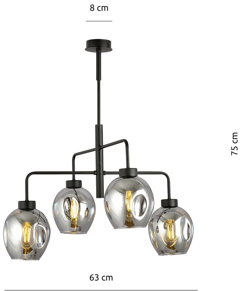 Lampadario Moderno 4 Luci Auriga In Accaio Nero E Vetro Fumè