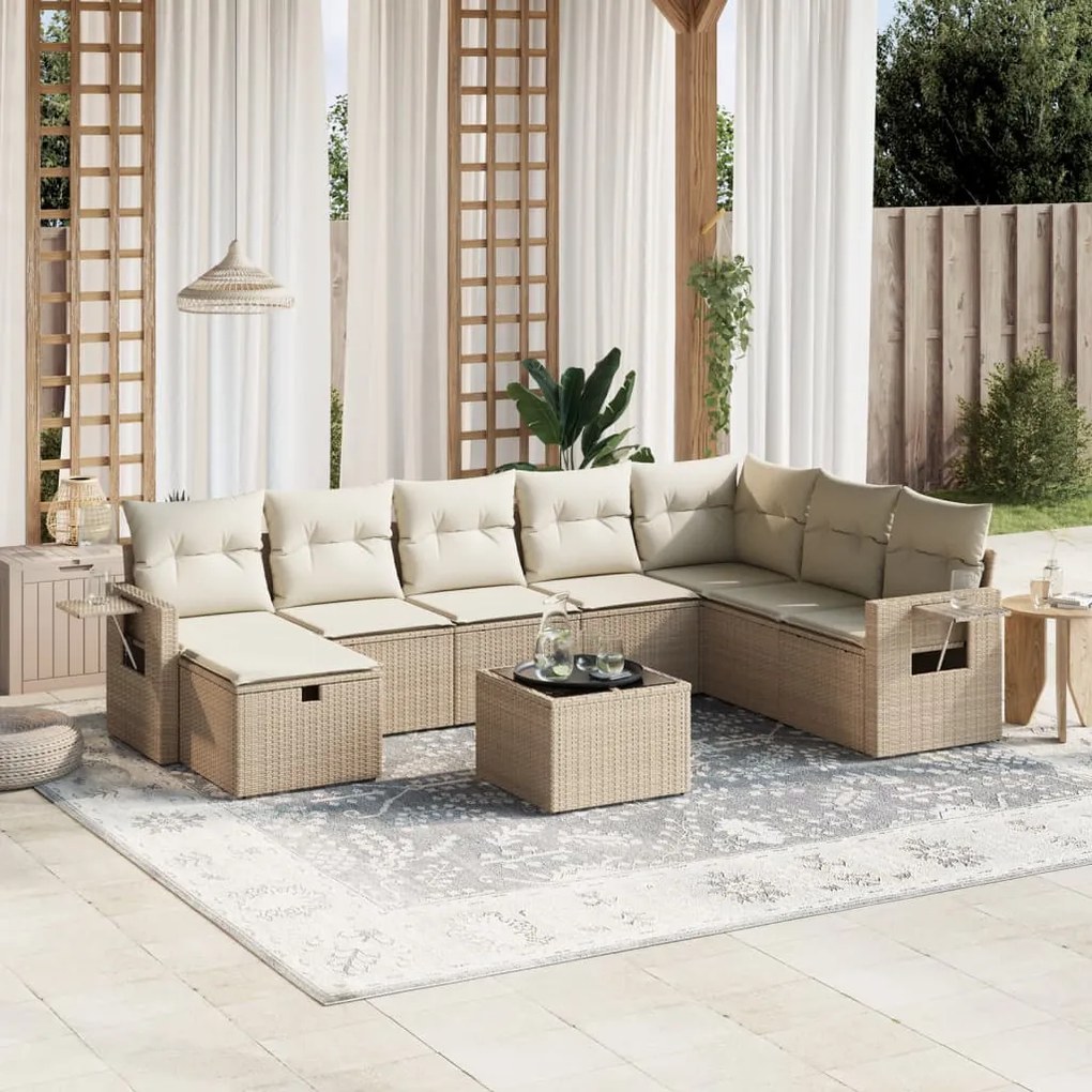 Set divano da giardino 9 pz con cuscini beige in polyrattan