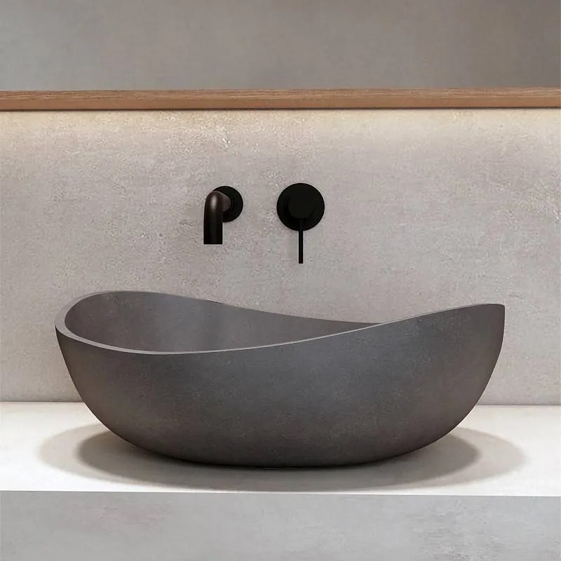 Kamalu - lavabo da appoggio asimmetrico con finitura terrazzo grigia scura | kteris-570gr