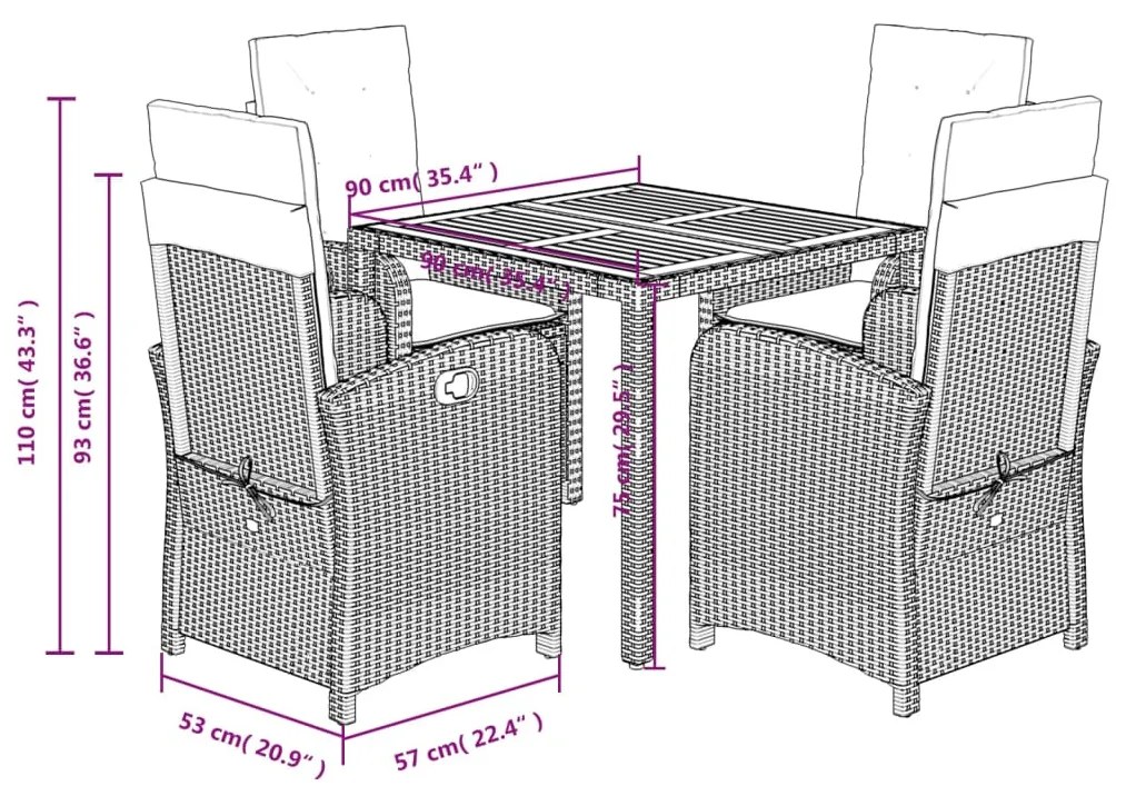 Set da Pranzo da Giardino 5 pz Nero con Cuscini in Polyrattan