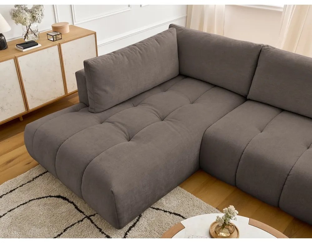 Divano angolare grigio tortora allungabile e con contenitore (penisola a sinistra/a U) con rivestimento in ciniglia Fuji – Bobochic Paris