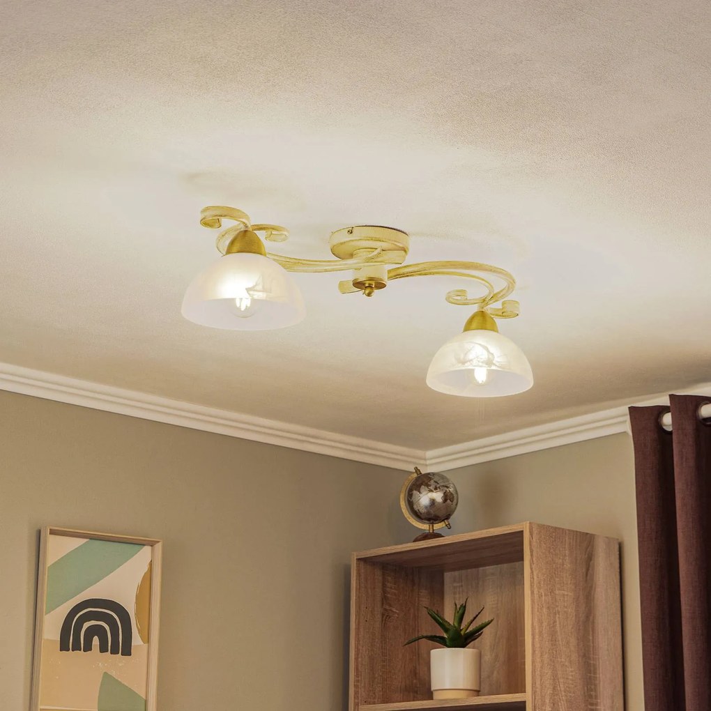Luminex Plafoniera Flora, due paralumi in vetro, bianco/ottone