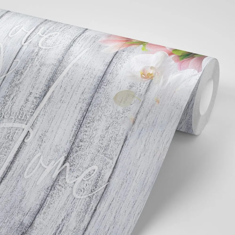Carta da parati – Orchidea Vintage con Scritta - Love begins at home