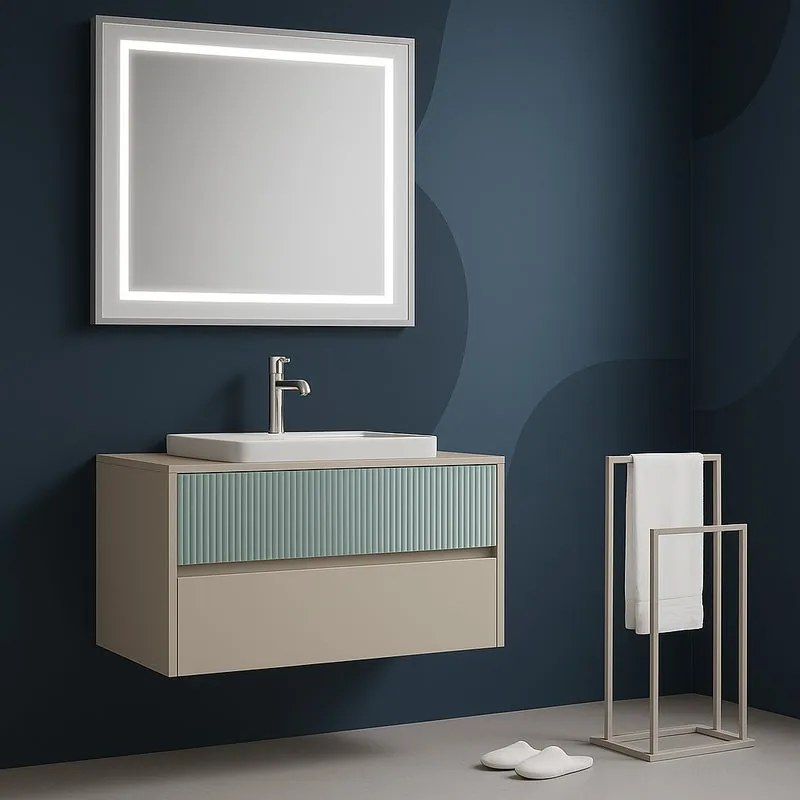 Mobile da bagno sospeso sotto lavabo Niwa 2 cassetti L 89.5 x H 50 x P 45.5 cm sabbia e verde timo cannettato