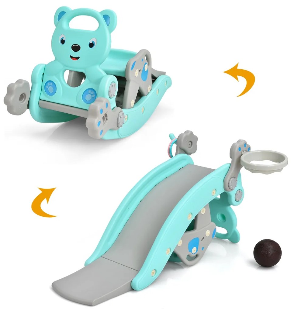 Costway Set scivolo e cavallo a dondolo 2 in 1 per dondolarsi e scivolare, Cavallo a dondolo di plastica per bambini Blu