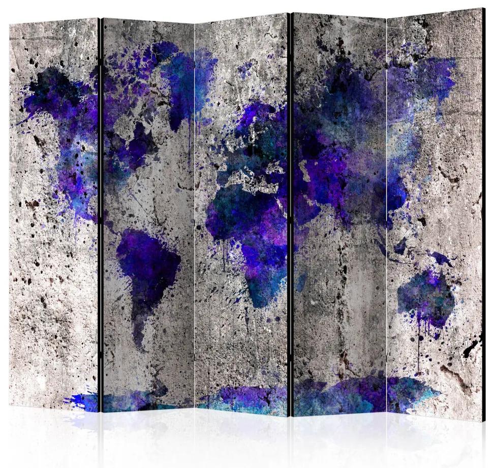 Paravento design Mappa del mondo: macchie II (5 parti) - continenti viola-bluastro