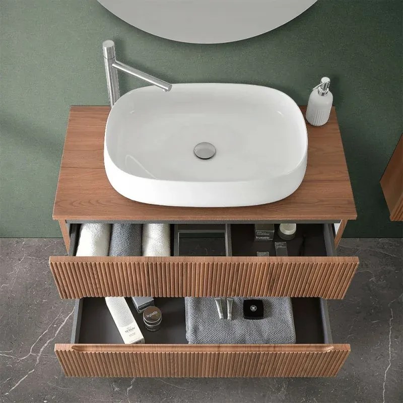 Mobile bagno sospeso cannettato 90 cm noce con top e specchio Bali