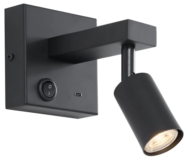 Lampada da parete nera moderna con USB-C inclinabile - Rex