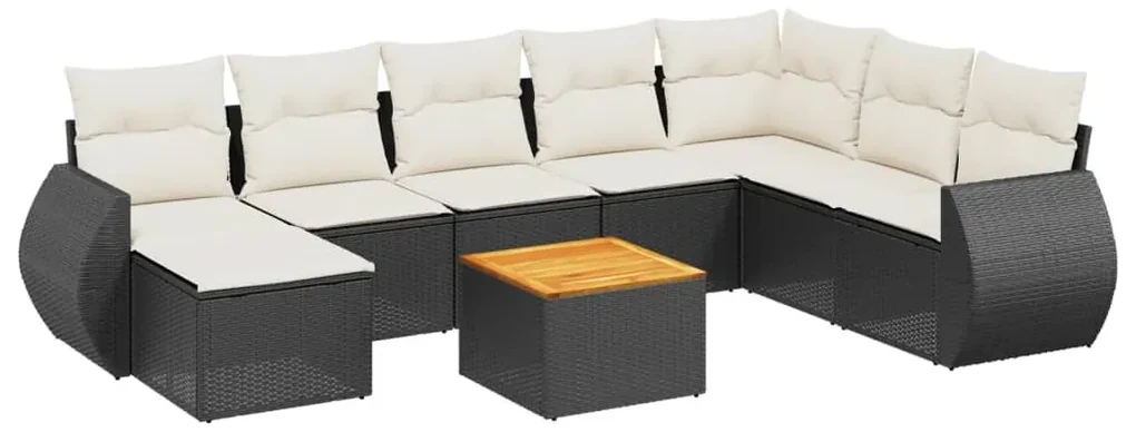 Set divani da giardino 9 pz con cuscini nero in polyrattan