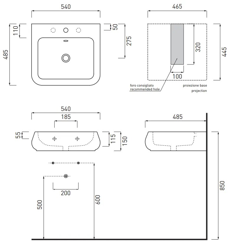 Cielo shui lavabo 54x48 sospeso o da appoggio con troppopieno in ceramica bianco lucido