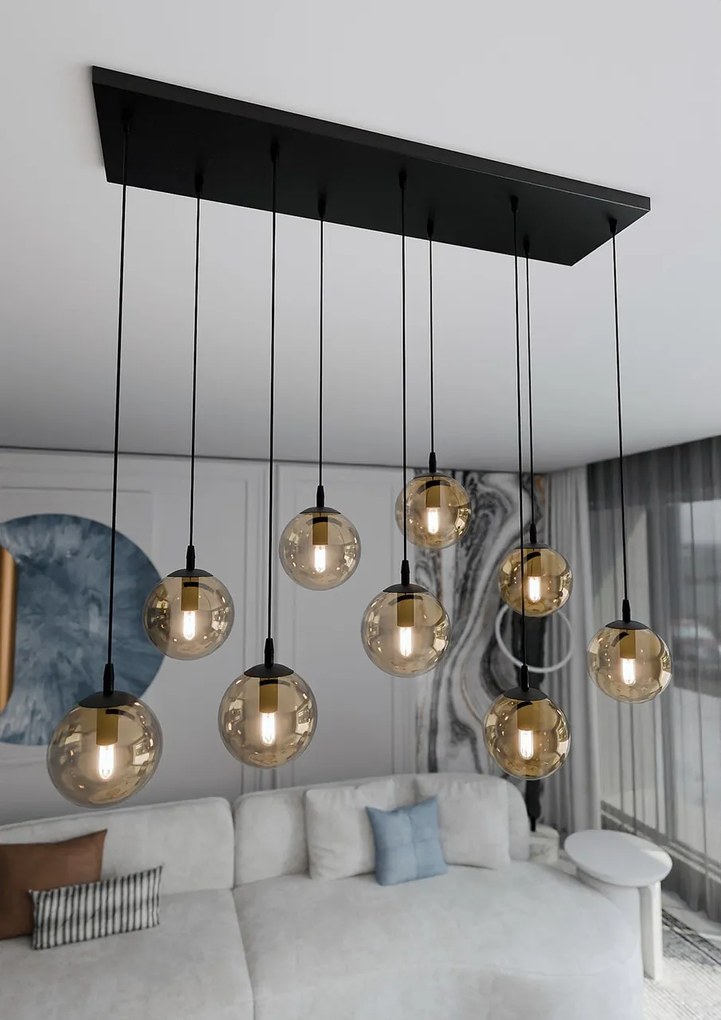 Lampadario a Sospensione in Acciaio e Vetro COSMO 9 Nero 9xE14