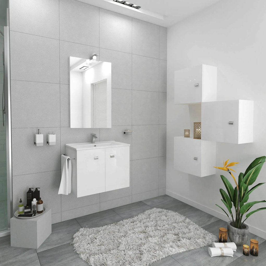 Mobile Bagno Sospeso 60 Cm Due Ante Specchio Con Lampada Led 52x67,8 Cm Savini Due "Zaffiro" Bianco Lucido