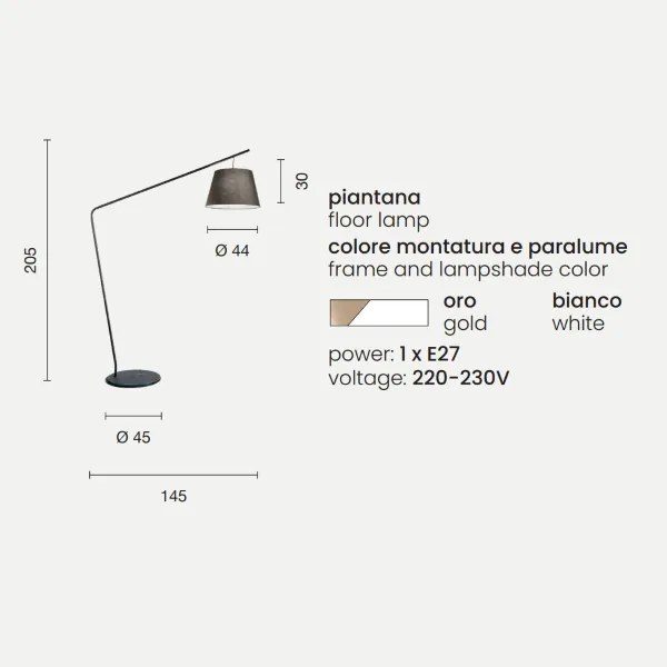 Piantana H205 cm con struttura in metallo Oro e paralume in pvc Bianco VELVET