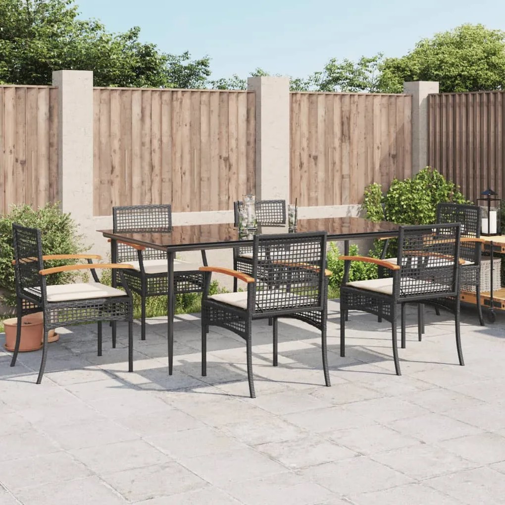 Set da pranzo da giardino 7 pz nero con cuscini in polyrattan