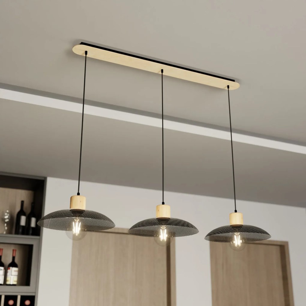 Sospensione Nordica Kobe 3 Luci In Legno E Acciaio Nero