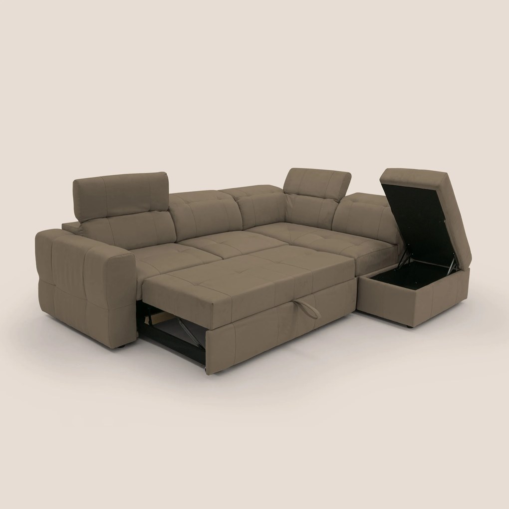 Kronos Divano angolare con poggiapiedi estraibile e pouf contenitore mobile in microfibra impermeabile T11 marrone