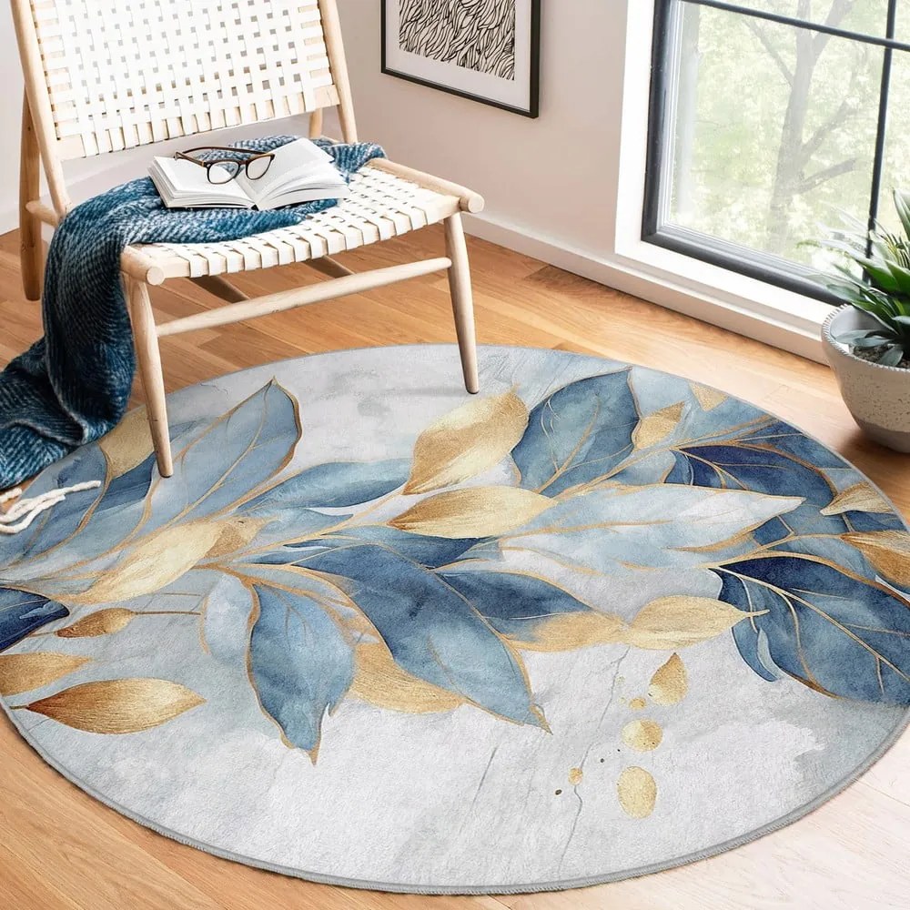 Tappeto rotondo blu/dorato lavabile ø 120 cm Golden Leaves – Mila Home