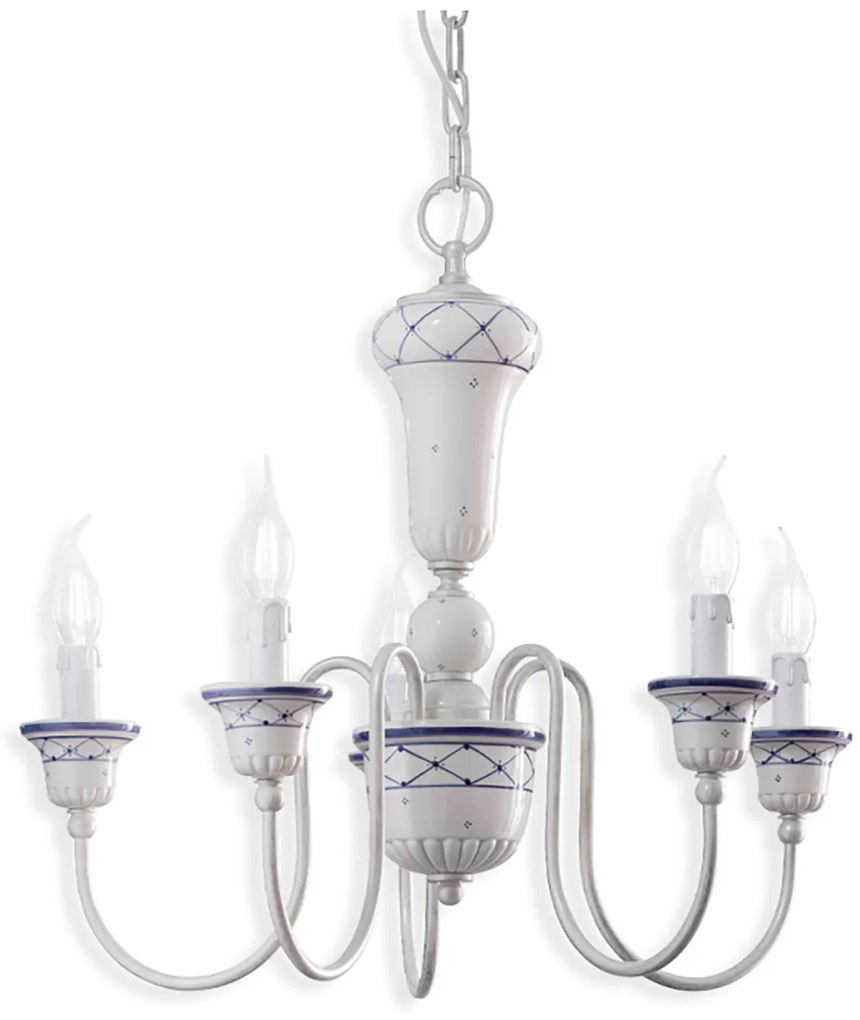 Lampadario Classico Sanremo Metallo E Ceramica Bianco Filo Blu 5 Luci E14