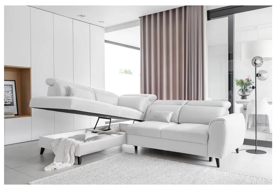 Divano angolare bianco allungabile/con contenitore (con penisola a sinistra/a L) e rivestimento in velluto Noble – ELTAP