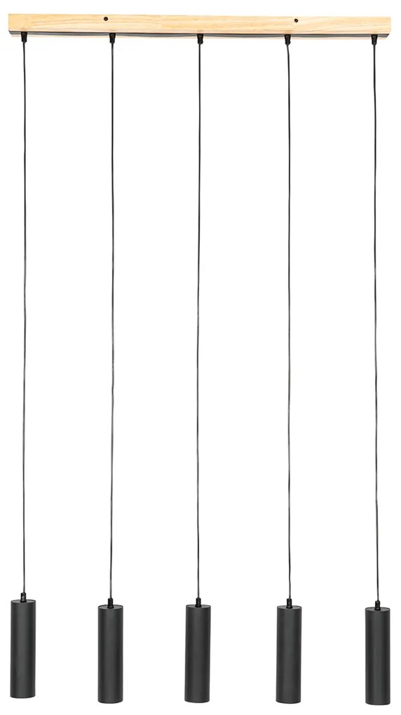 Lampada a sospensione moderna nera con legno 5 luci - Jeana