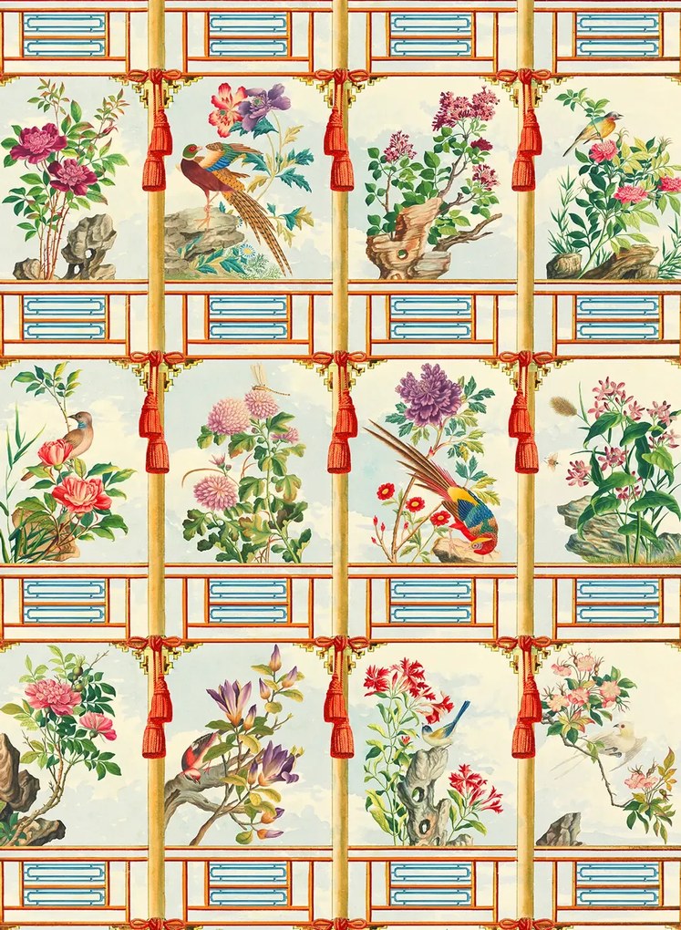 Mindthegap Carta da parati Flowering Wall - Taupe/ Red/ Green/ Blue