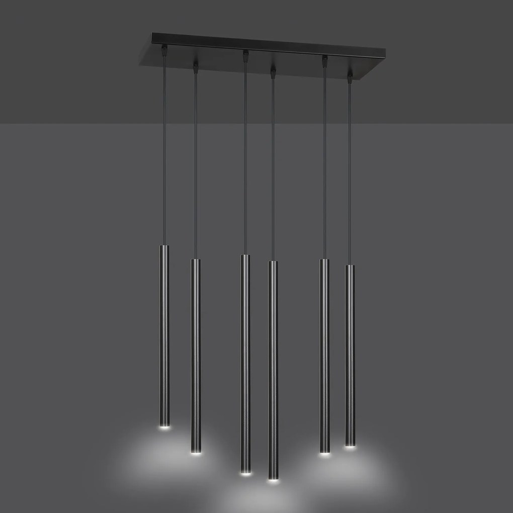 Lampadario 6 Luci Moderno Shu Acciaio Nero E Paralumi A Cilindri Sottili