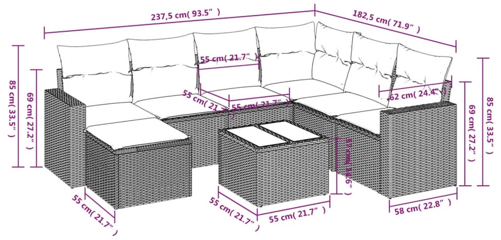 Set divano da giardino 8 pz con cuscini grigio in polyrattan